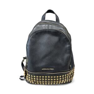 Michael Kors Rhea Black Leather Backpack with Studded Gold Detail